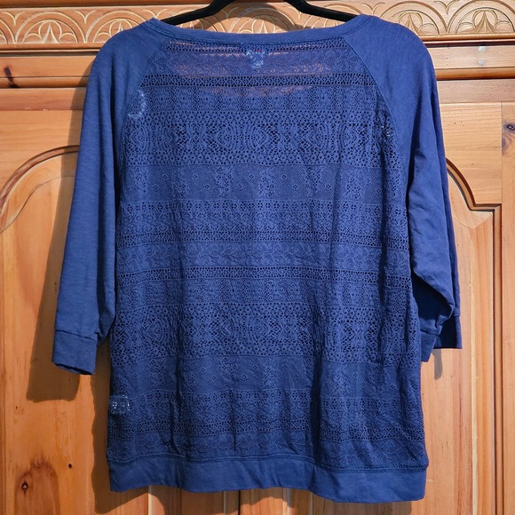 Women's Navy‎ Blue MV Sport Moose Graphic 3/4 Sleeve Lace Back Shirt Size XL - Picture 2 of 6